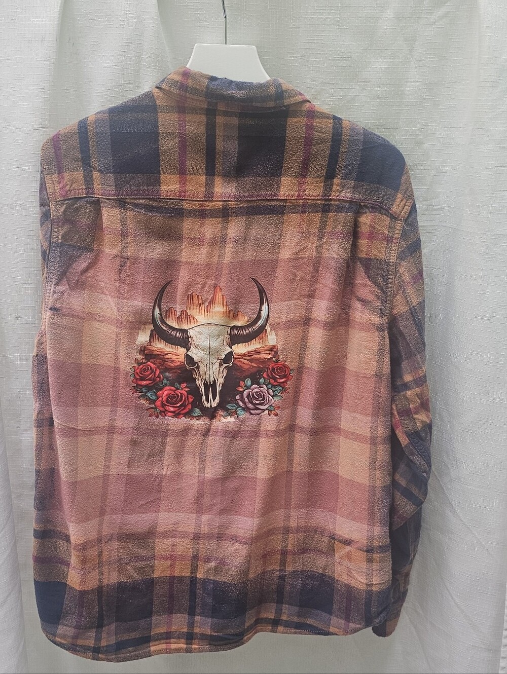 NWOT George Custom Bleached Flannel Shirt Graphic Bull Skull Unisex Size XL